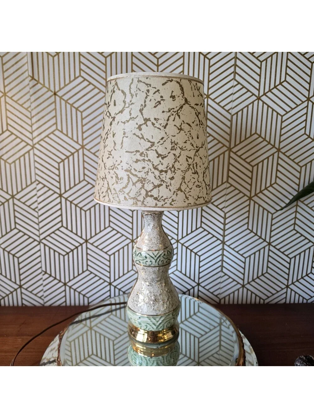 Vintage Midcentury White Green Gold Ceramic Accent Lamp Atomic Fiberglass Shade